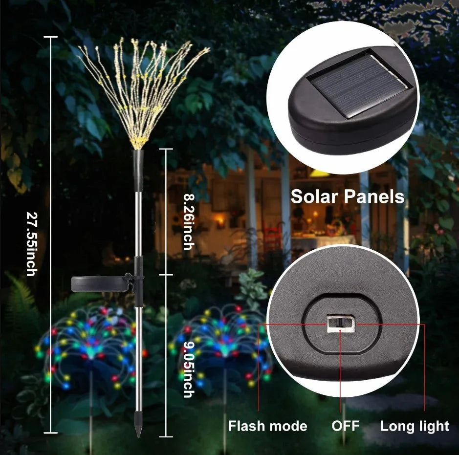 Solar String Firework Light, Solar-powered lamp with Ni-MH battery, LED bulbs, and bronze body; suitable for outdoor use.