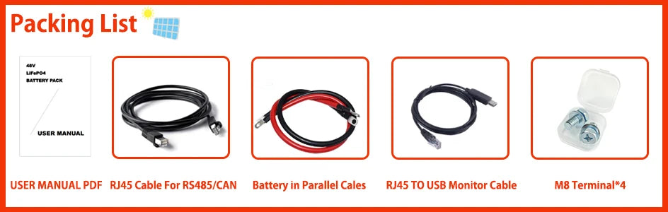 48V 120Ah LiFePO4 Battery, Packaging includes manuals, cables, and terminals; no taxes apply to EU/US customers.