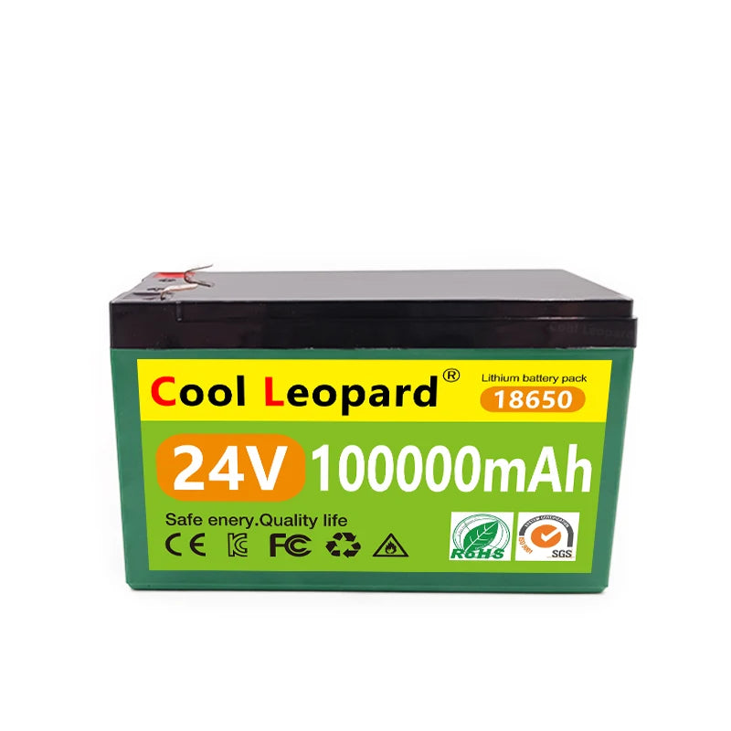 Cool Leopard NEW 24V 100AH 18650 Lithium Battery, Safe, high-quality lithium battery pack with CE, KFe, and SGS certifications for reliable performance.