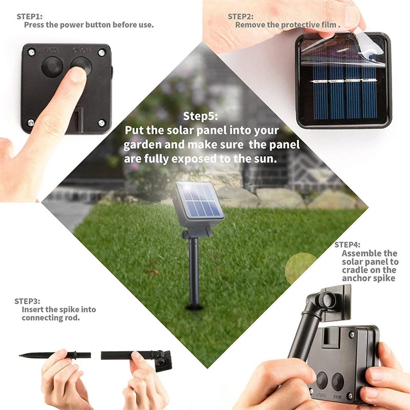 LED Solar Light, Assembly instructions for outdoor fairy lights: remove film, attach panel to spike, then connect.