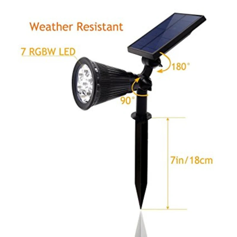 Water-resistant solar lamp with 7 colorful LEDs, wide beam angle, and compact height.