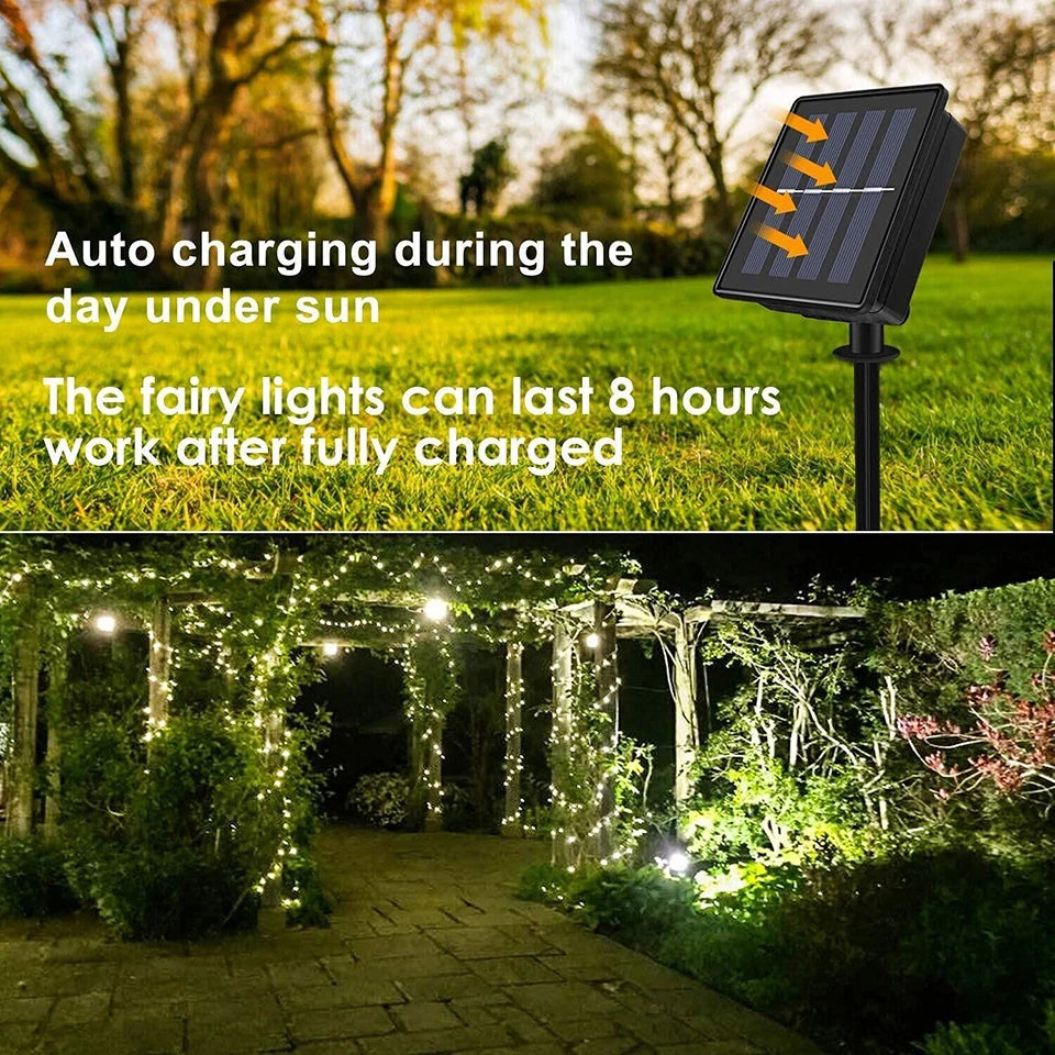 Solar String Fairy LED Light, Charges in sunlight, lasts up to 8 hours, ideal for daytime use.