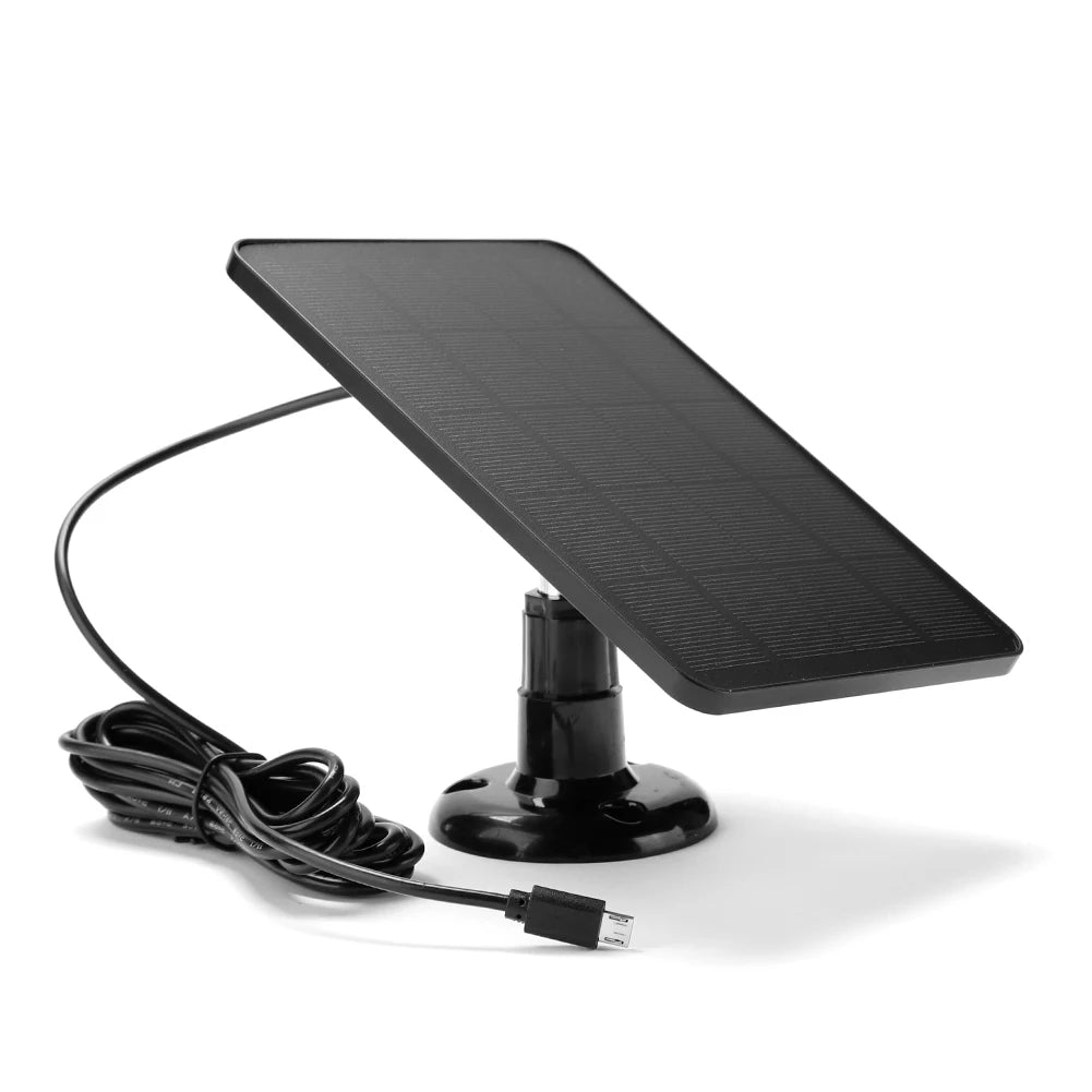 Waterproof solar panel charges IP CCTV cameras via micro USB and type-C ports.