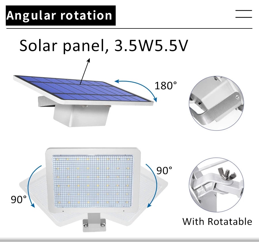 48 leds Solar Light, Solar panel with adjustable angle for optimal lighting, powered by 3.5W solar energy.