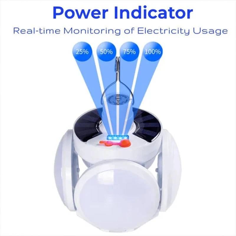 Solar Outdoor Folding Light, Real-time power usage monitor with LED indicator lights for low, medium, and high battery levels.