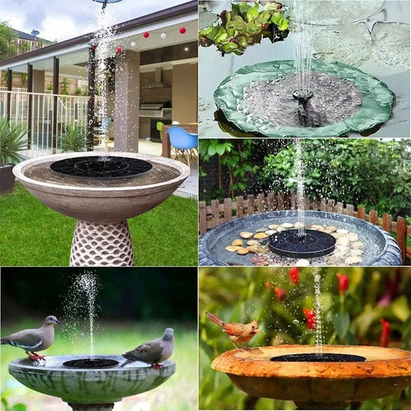 Solar Fountain, Solar-powered fountain pump with 6 nozzles for bird baths and small ponds, made in mainland China.