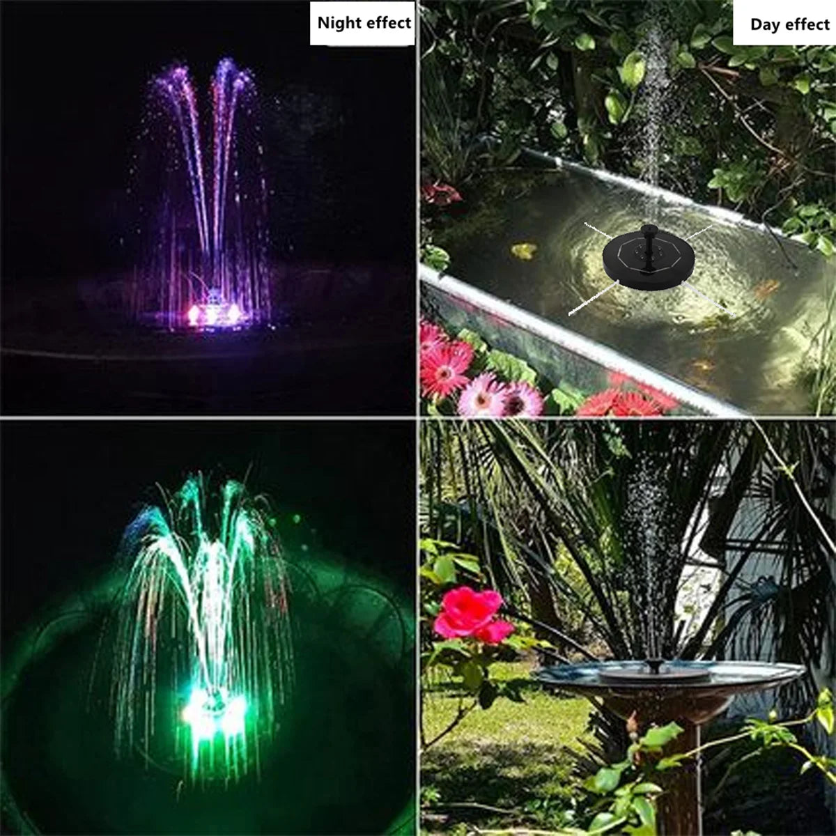 16cm Round Solar Fountain, When sunlight is present, the LED lights remain dark.