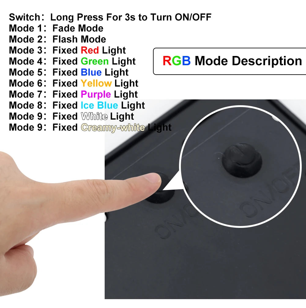 1 TO 4 RGB Outdoor Solar Landscape Light, Switch modes with long press: ON/OFF, fade, flash, colors, and RGB.