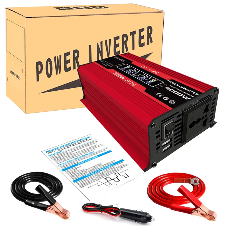 4000W LCD Display Solar Power Inverter, Powerful inverter converts solar power from 12V to 110V/220V with USB port for safe device charging.