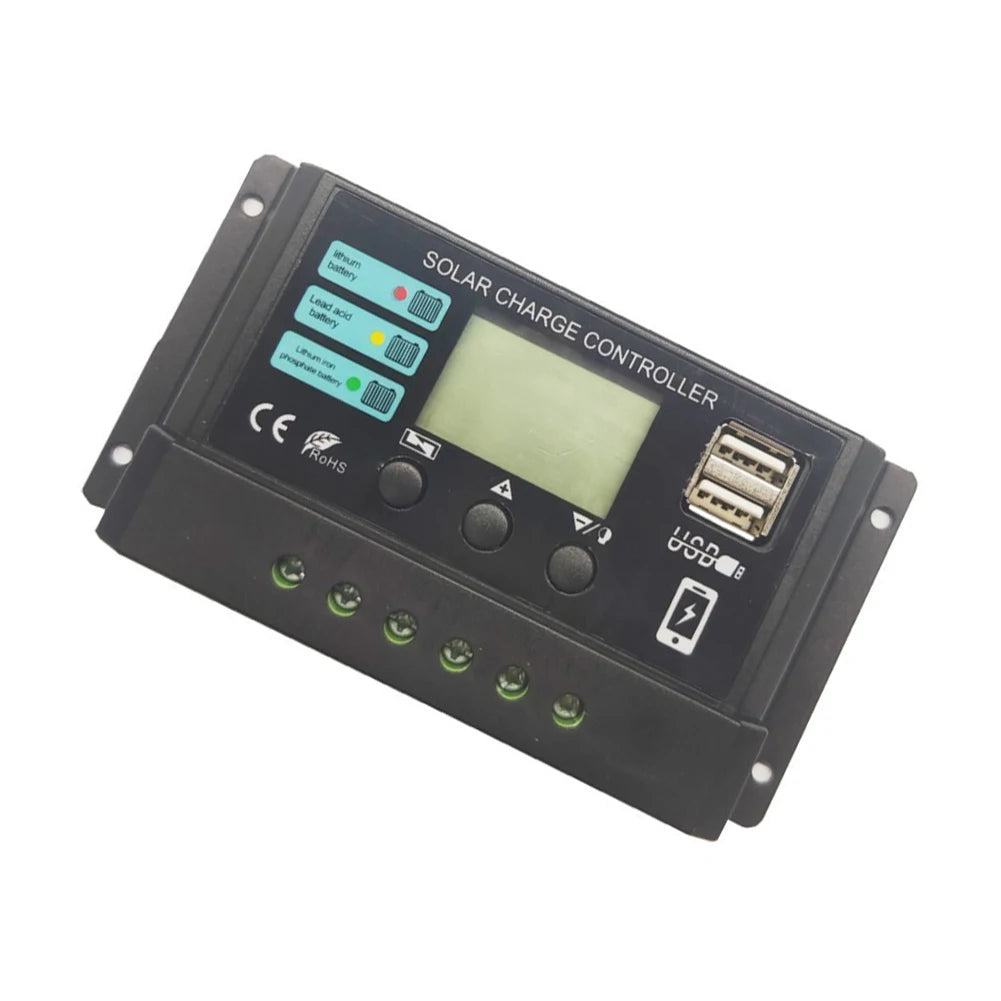 10A/20A/30A Solar Charge Controller, Solar charge controller with dual USB ports, adjustable PWM, and compatibility with 12V or 24V solar panels.