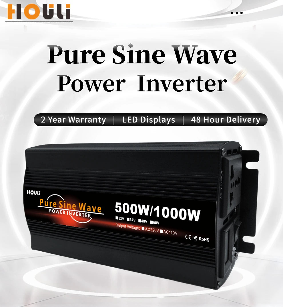Pure Sine Wave Power Inverter, converts DC to AC, 2-year warranty, fast delivery.