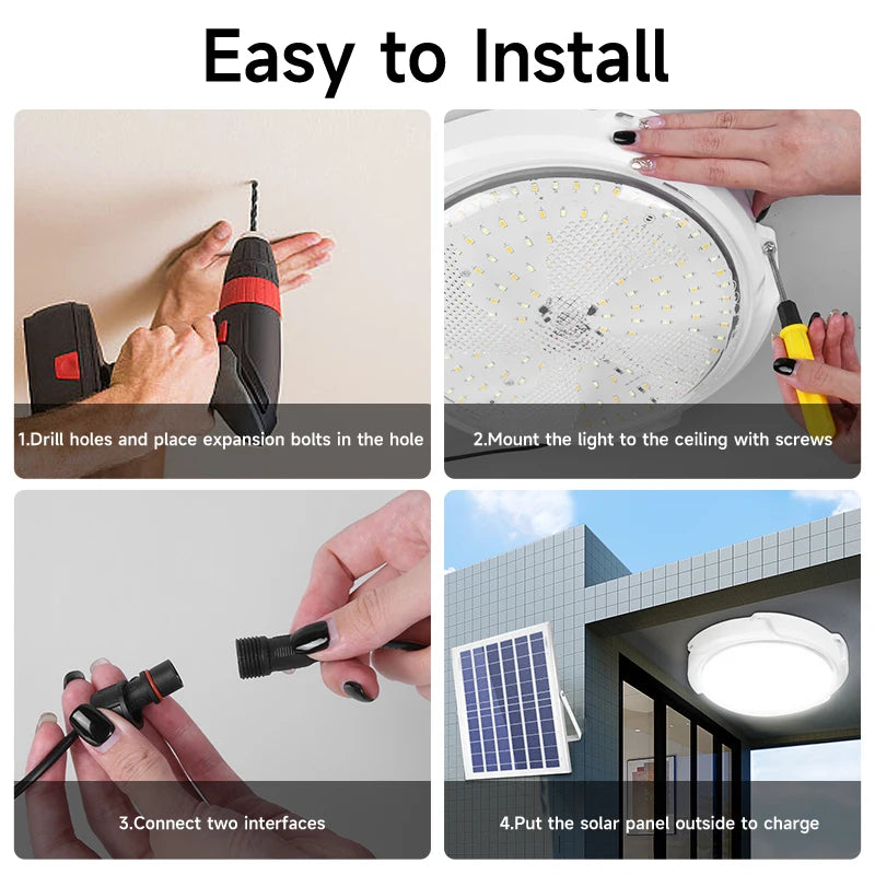 Solar light, Install solar panel by drilling, inserting bolts, screwing, connecting, and placing outside.