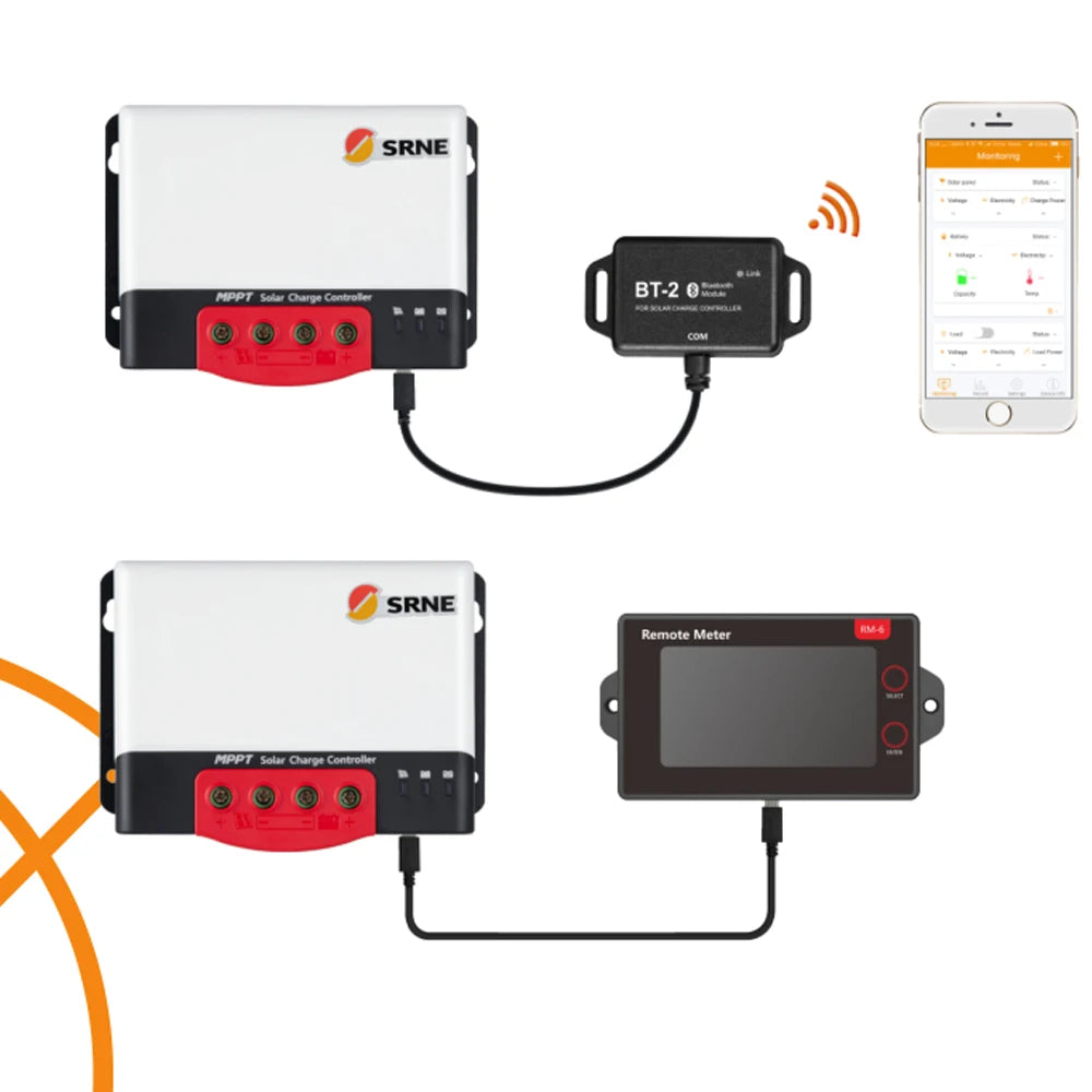 SRNE MPPT Solar Charge Controller, Solar charge controller regulates 12V/24V lithium batteries with optional remote control for efficient charging and monitoring.