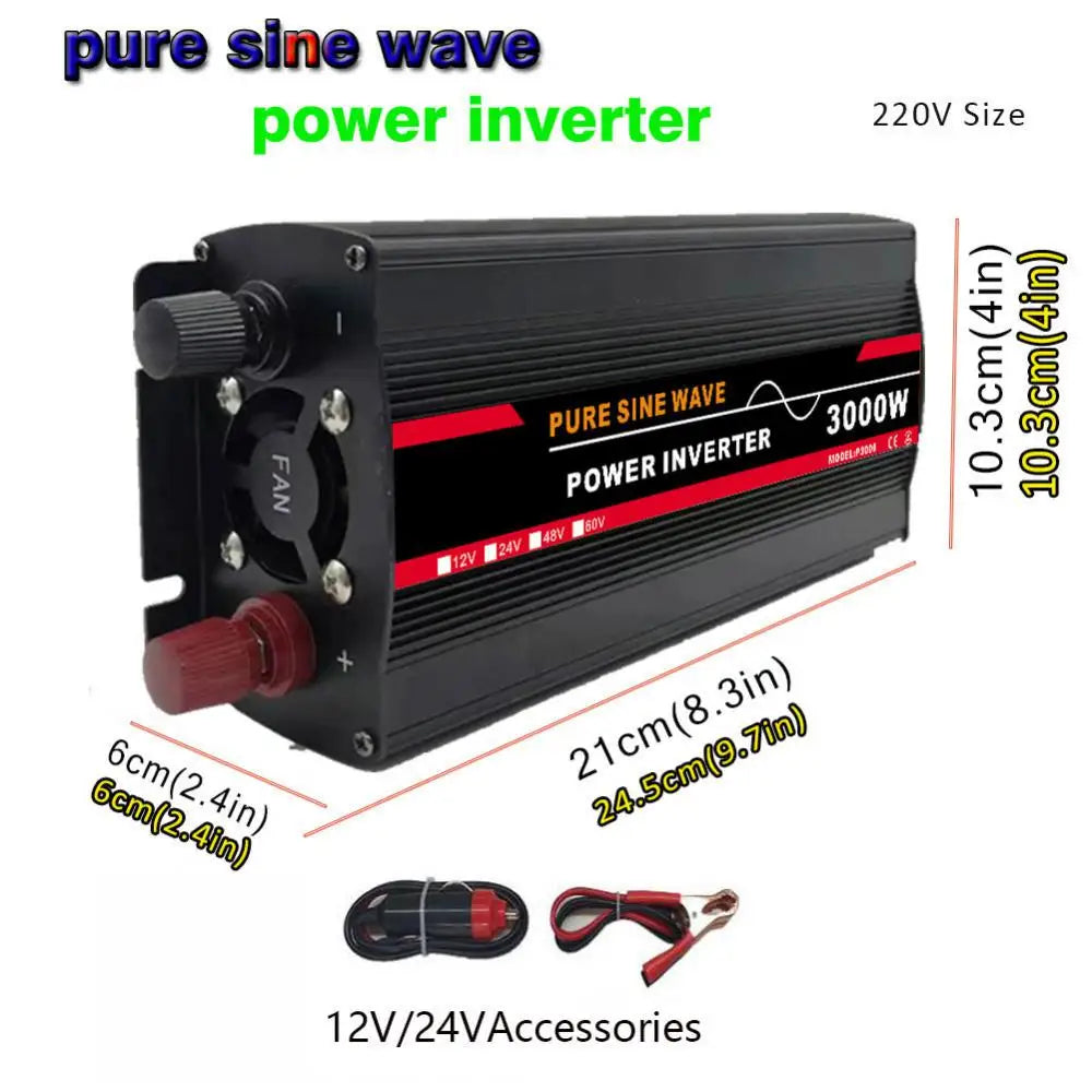 3000W Inverter, 3000W Pure Sine Wave Power Inverter converts DC power to AC output for solar, homes, and outdoor use.