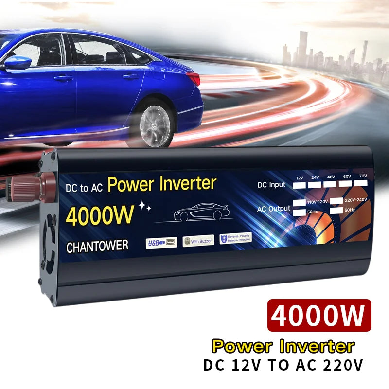 Solar Inverter, Powerful DC-to-AC inverter for charging car batteries or powering devices with a high-output capacity of 4000W.