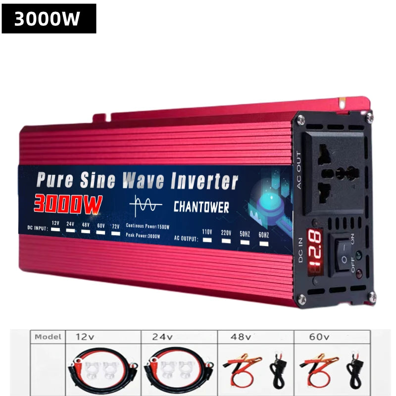 Pure Sine Wave Inverter: Converts DC power to AC output (110V/220V), 3000W capacity.