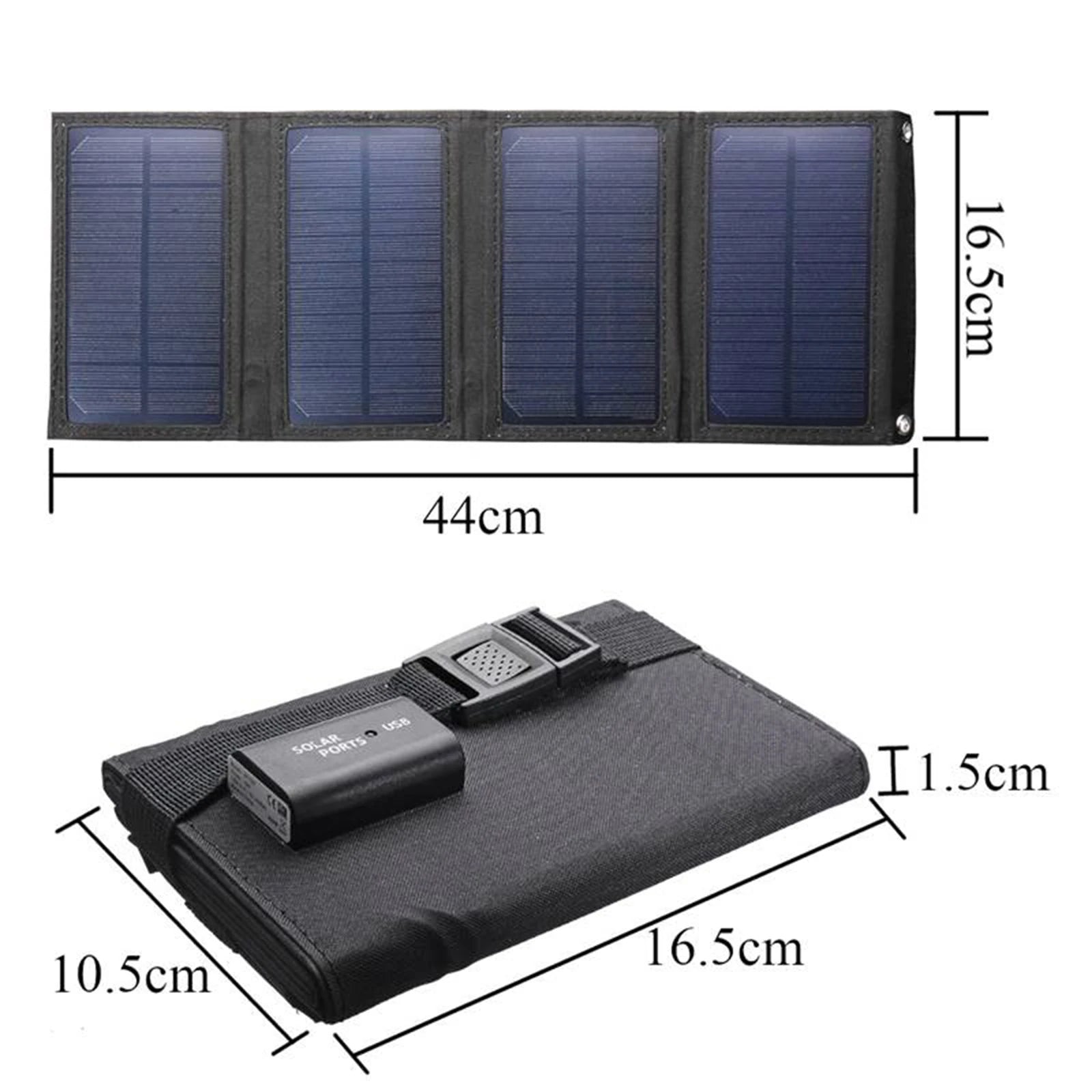 20W Outdoor Foldable Solar Panel, Outdoor dimensions for camping, hiking, or tourism, measuring 44cm x 16.5cm x 10cm.