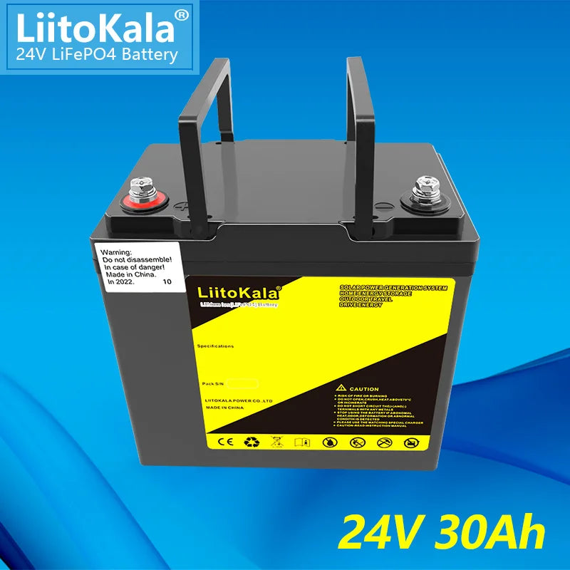 LiitoKala 24V 30Ah 40Ah lifepo4 battery for off-grid, solar, wind power and RV campers, golf cart, and off-road applications.