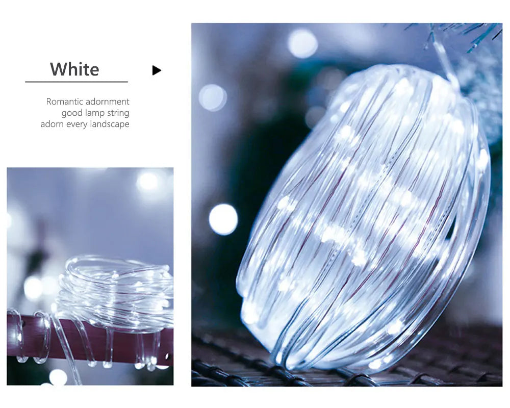 Add warm ambiance with these white solar rope lights, perfect for outdoor garden decorations or street lighting.