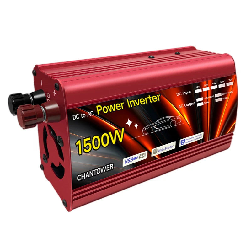 Solar Inverter, DC-to-AC converter for home and auto use, offering 500W, 1000W, and 2000W power output options.