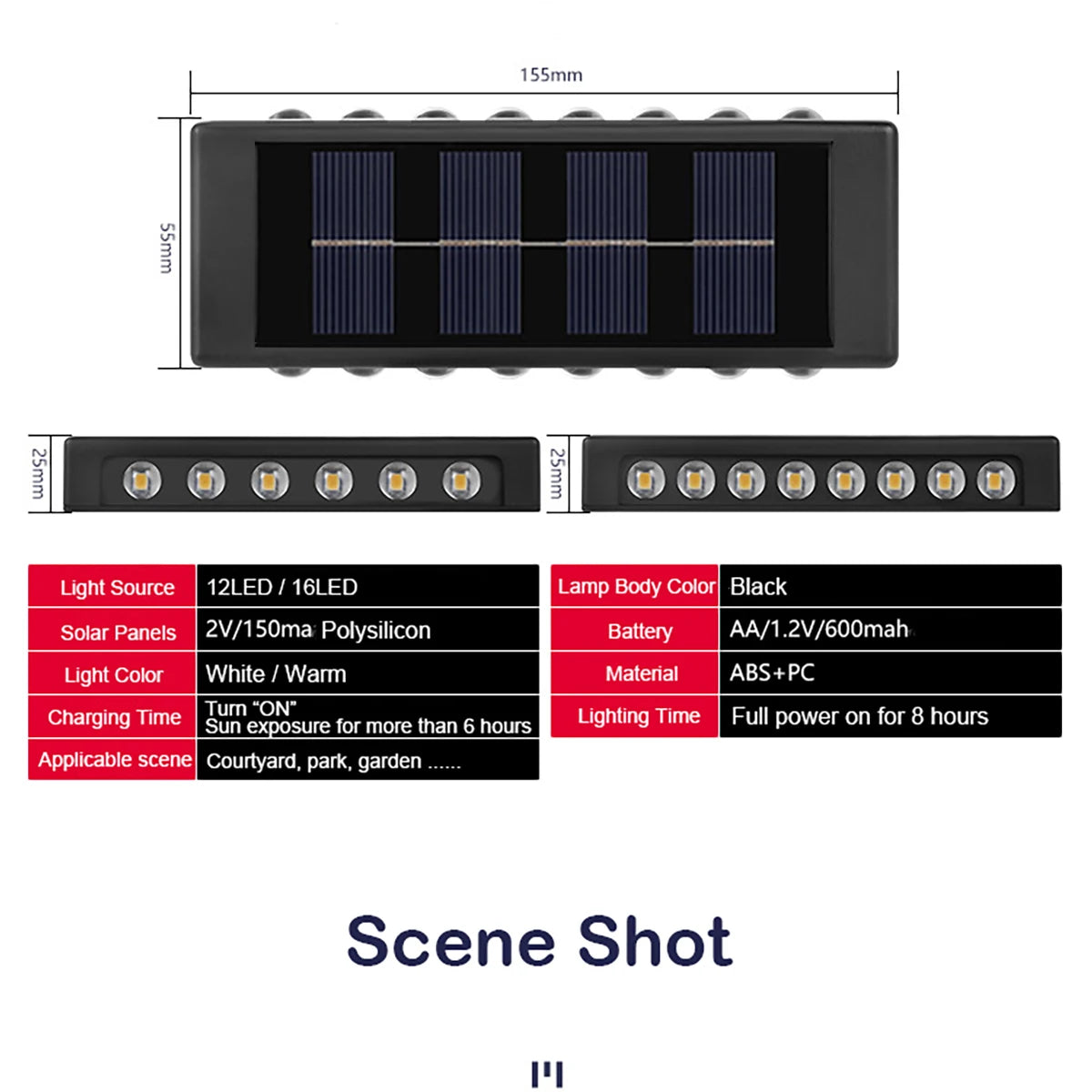 Waterproof outdoor lamp with 12-16 LED lights, powered by solar panels and AA batteries, suitable for courtyards and gardens.