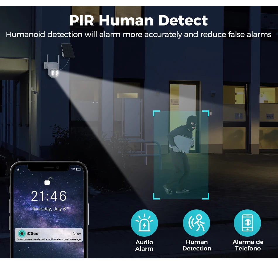 SOVMIKU WIFI Solar Camera, Advanced PIR detects human movements with accuracy, reducing false alarms for reliable security monitoring.