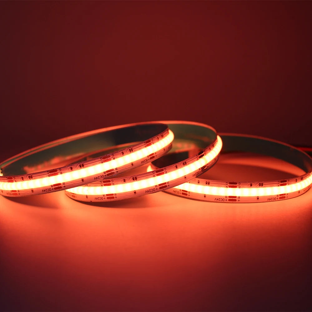 RGB COB LED Strip Light, Waterproof RGB COB LED strip with Epistar chip, 840 LEDs/m, 24V, DC power, and 11.52W/m consumption.