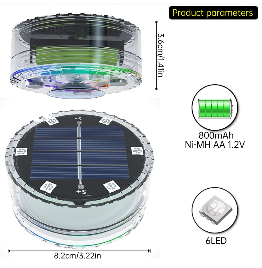 Solar LED Pool Light, RGB color-changing underwater light for pool, pond, fountain, or aquarium.