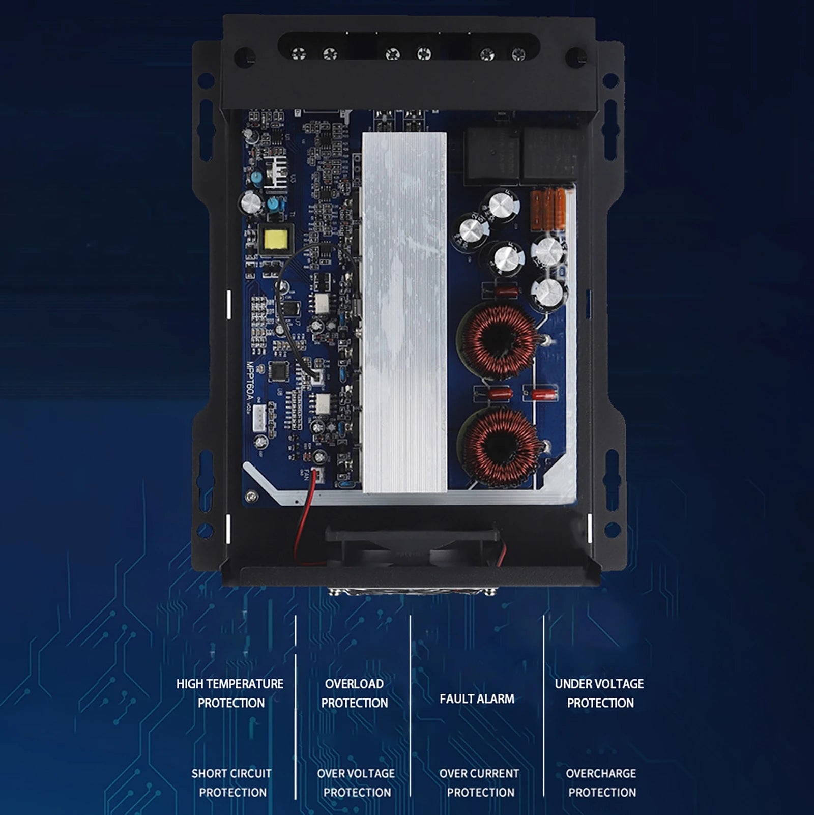 50A 60A MPPT Solar Charge Controller, Solar charge controller with multiple safety features: temp, overload, undervoltage, and more.