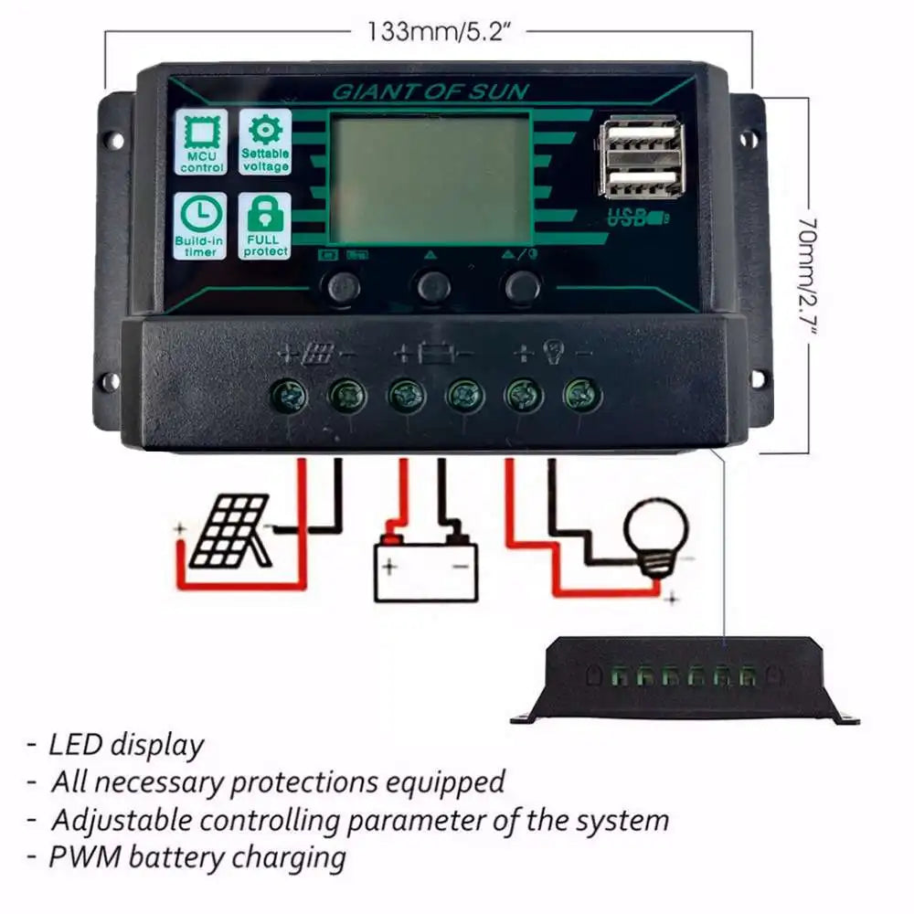 MPPT/PWM Solar Charge Controller: Adjustable, LCD-displayed solar charger with multiple output options and built-in safety features.
