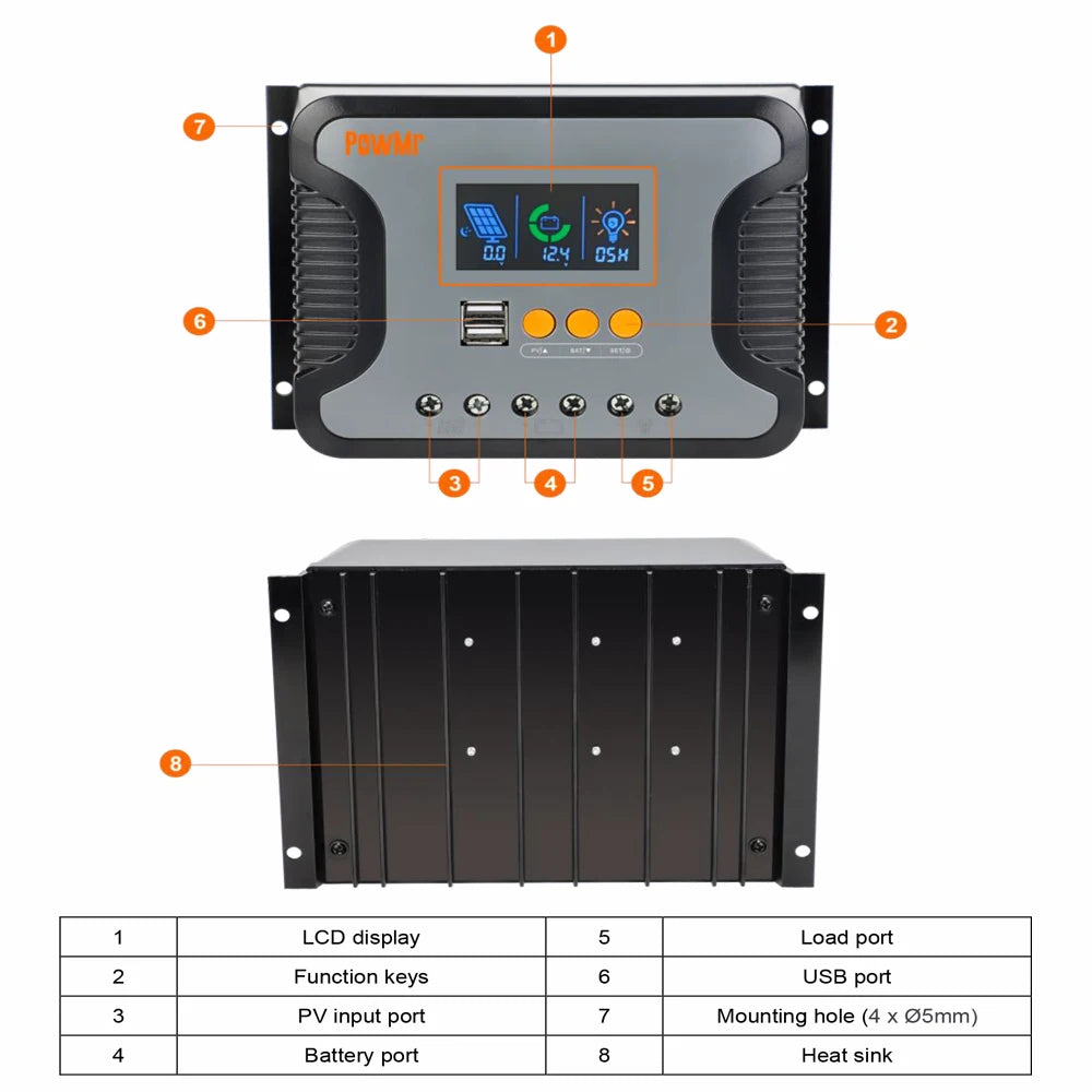 PWM 80A 60A 30A Solar Charger Controller, Display device with LCD screen, ports, and mounting options for easy installation.