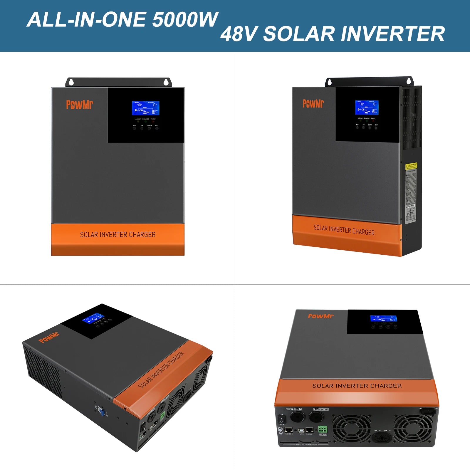 PowMr 110V Solar Inverter, PowMr's All-in-One Hybrid Solar Inverter Charger converts DC to AC, charges batteries, and supports 48V/24V systems.