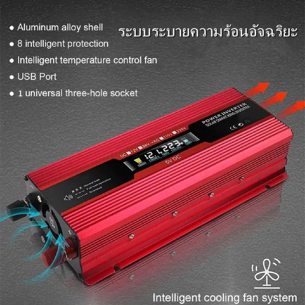 Pure Sine Wave Inverter, Inverter features aluminum shell, intelligent protection, temperature control, USB port, and universal socket for efficient performance.