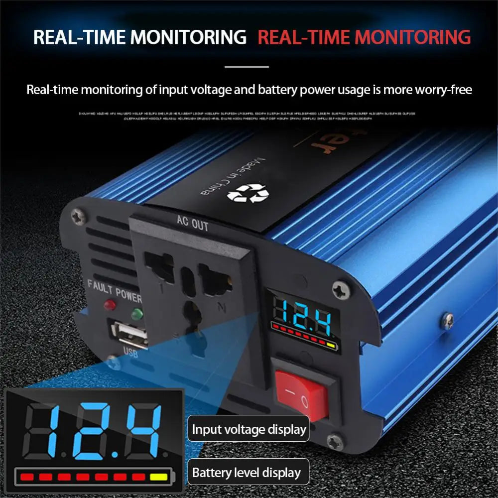 Inverter, Real-time monitoring tracks voltage, power usage, and charging status with displayed AC input and battery levels.