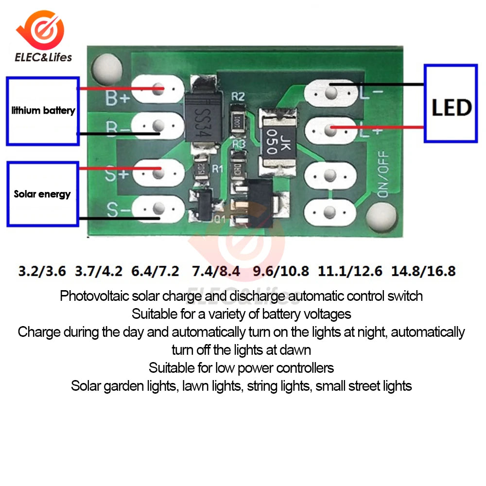 Solar-powered battery charger board with automatic charging/discharging control for various voltages.