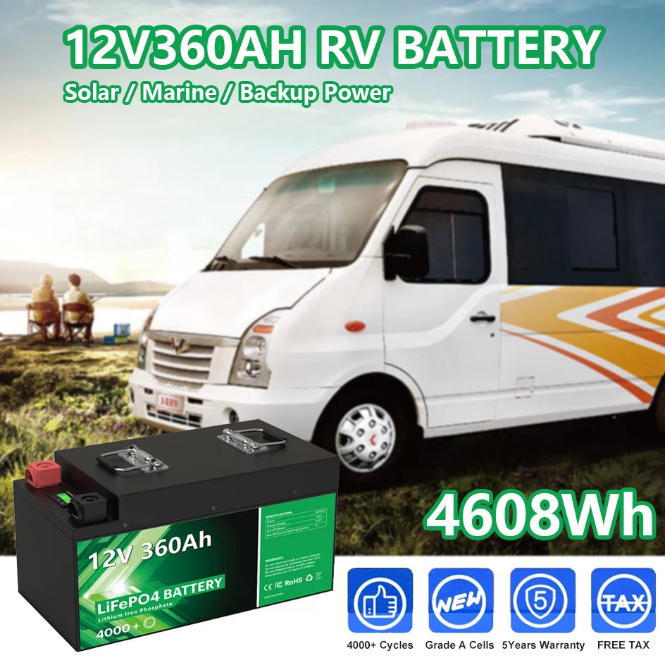 12V 360Ah 280AH LiFePO4 Battery, 12V 360Ah RV battery with smart BMS, 4608Wh capacity, 4000+ deep cycles, Grade A cells, and 5-year warranty.