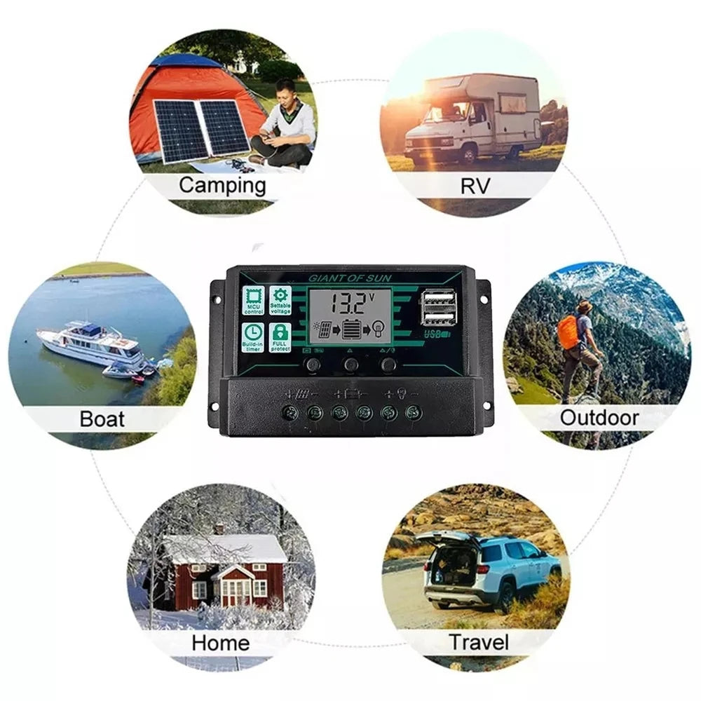 Solar charge controller for 12V/24V systems with LCD display and USB ports for camping, RVs, and outdoor use.