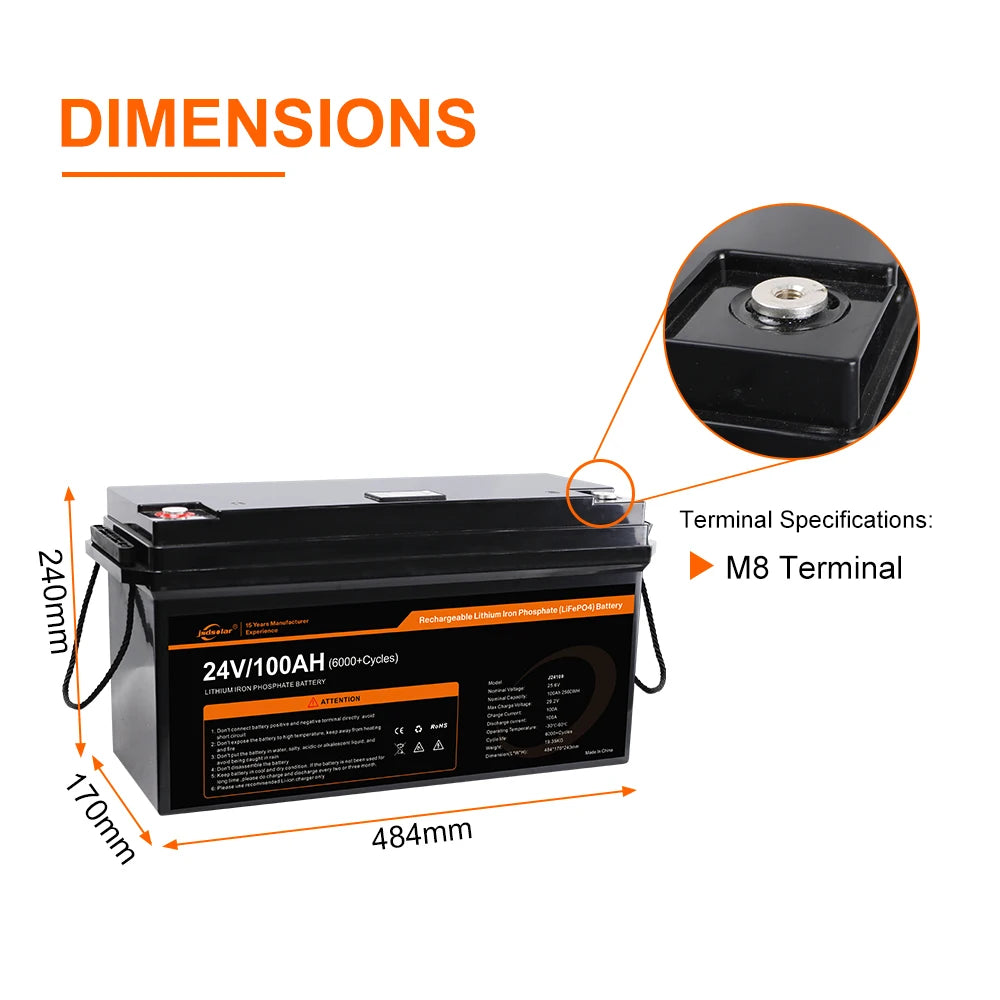 Rechargeable lithium-ion phosphate battery with 100Ah capacity and built-in management system for solar-powered boats.