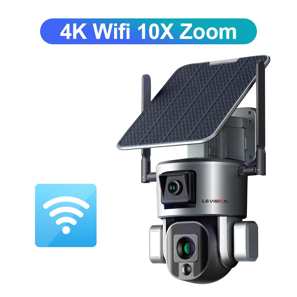 LS VISION LS-MS1-10X Câmera Solar - 4K 8MP HD Dual Lens 4G Câmera de Segurança Solar Outdoor 4X 10X Zoom Óptico Câmera WiFi Rastreamento Automático Câmera CCTV À Prova D' Água