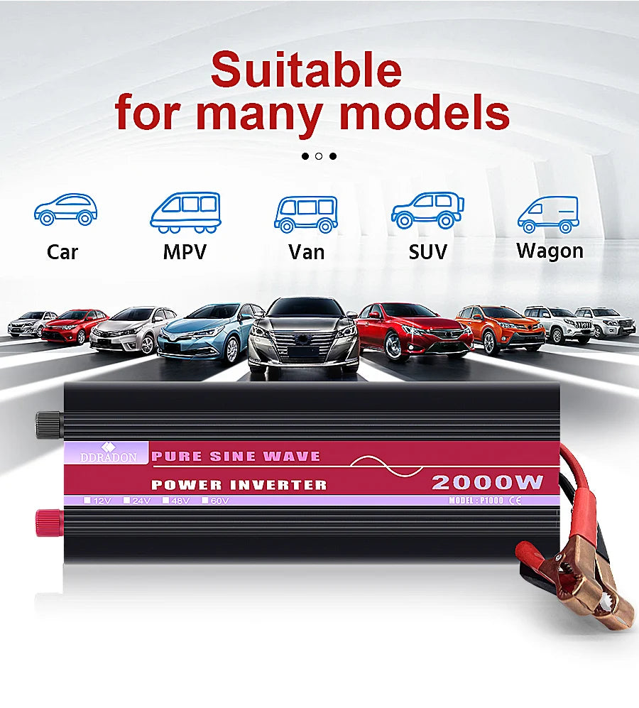 Powerful pure sine wave inverter suitable for various vehicles, outputs 2000W.