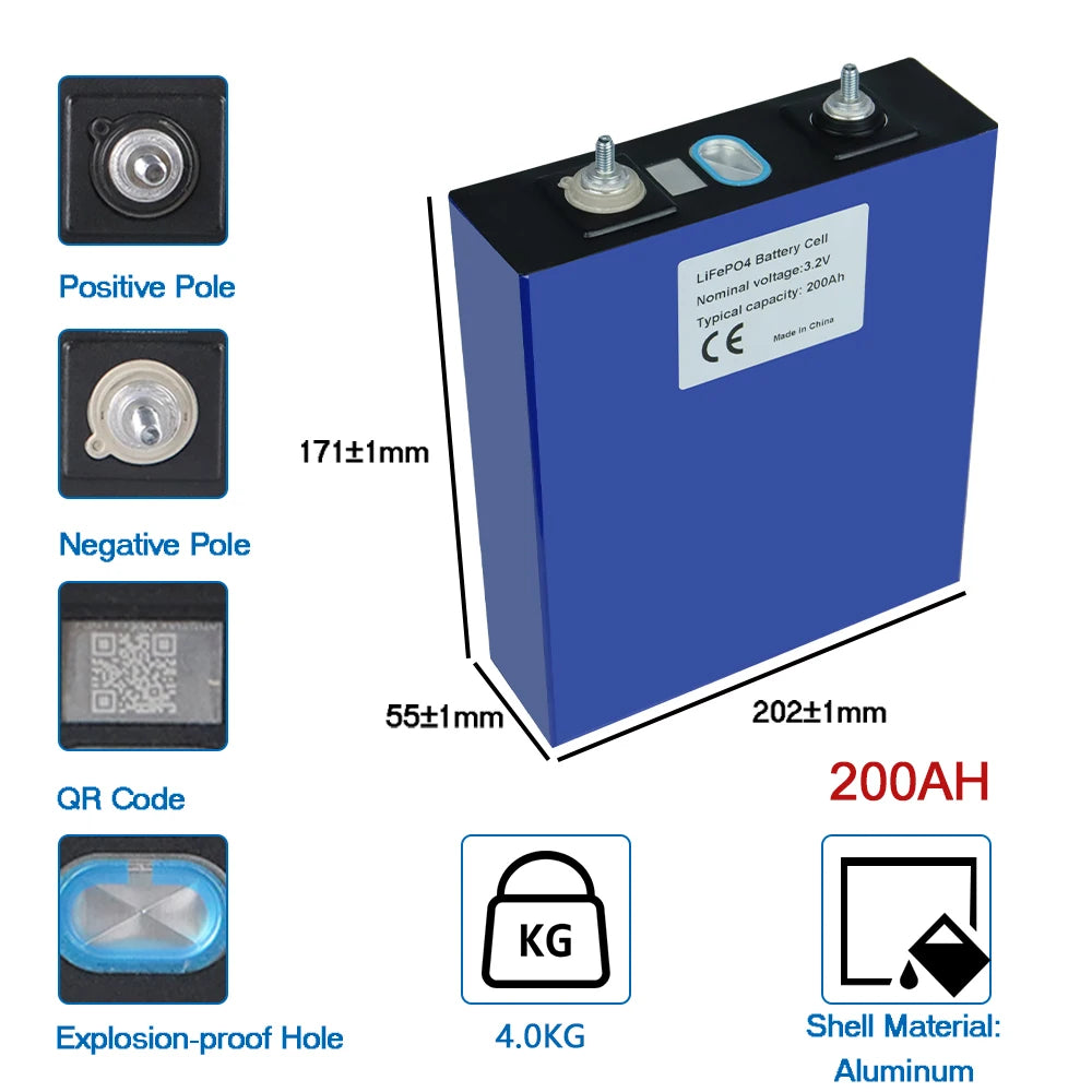 DE Stock 3.2V 200Ah Lifepo4 Rechargable Battery, Image of a rechargeable battery with specifications: positive terminal length, negative terminal length, QR code, weight, shell material, cell type, voltage, and nominal capacity.