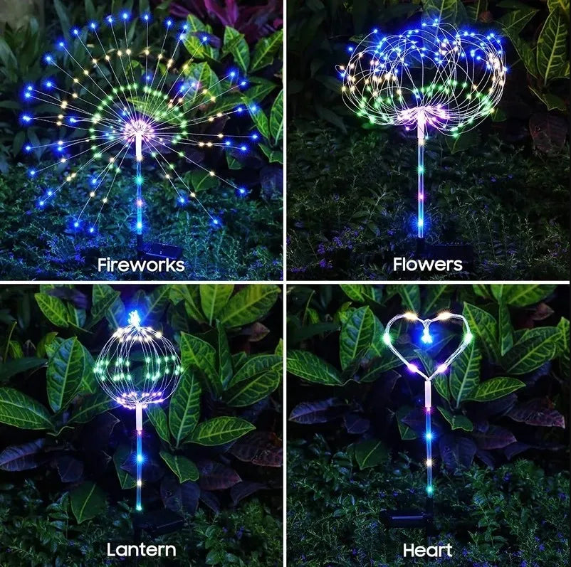 Solar String Firework Light, Colorful lights resemble fireworks or flowers in various shapes, including hearts.