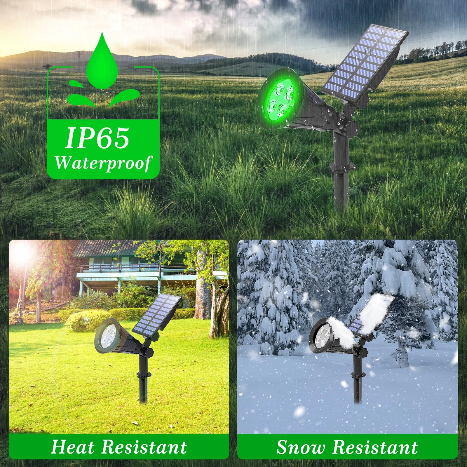T-SUN 1/2/4 Packs Green Led Solar Light, Waterproof, heat-resistant, and snow-resistant design for outdoor use.