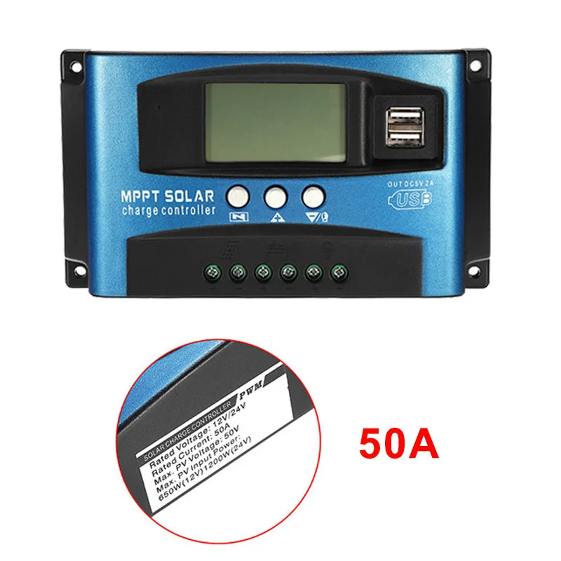 Solar controller for charging/discharging solar panels up to 24V; dual USB ports and LCD display for monitoring.