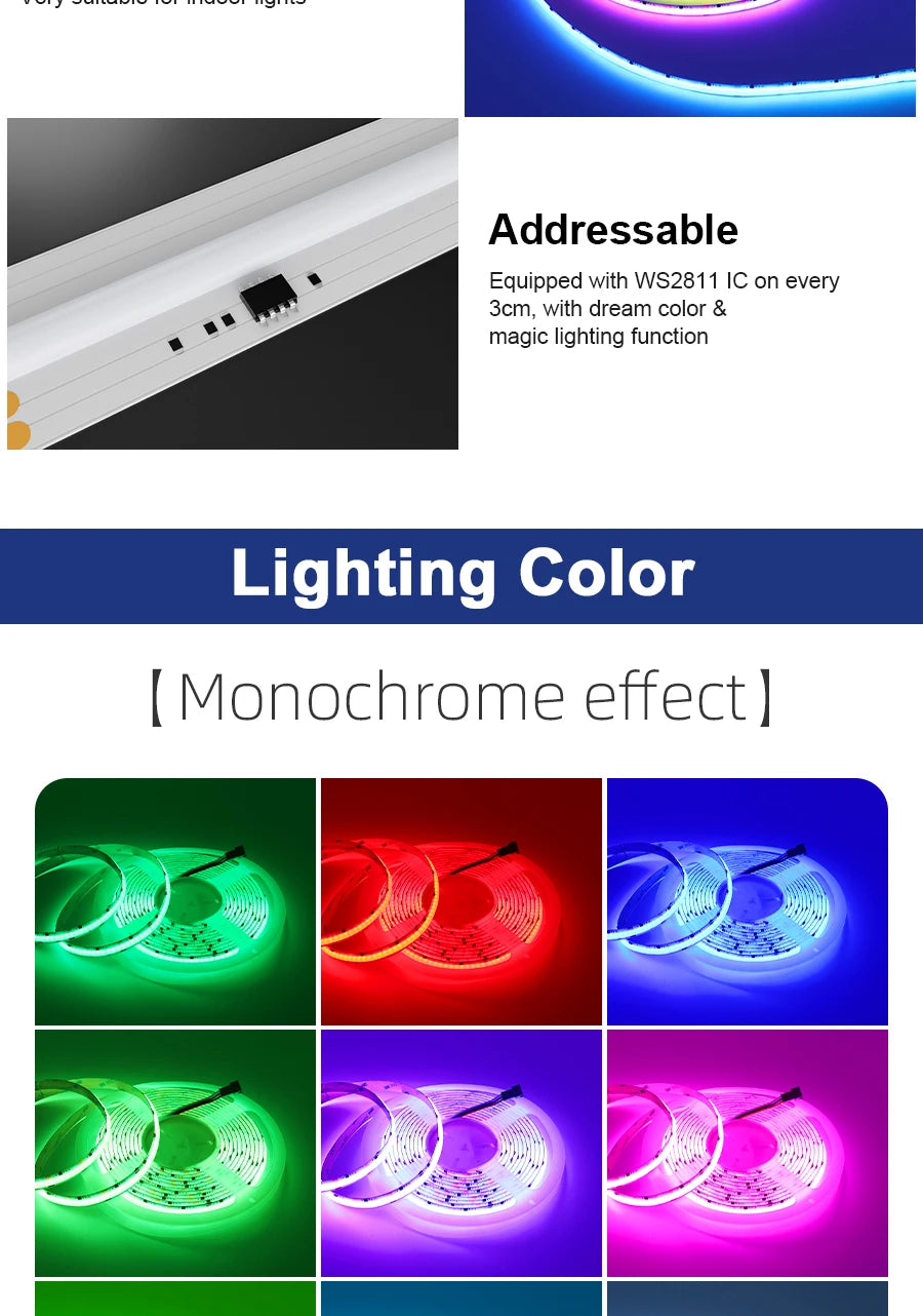 Addressable COB LED Strip Light, Addressable LED strip with color-changing WS2811 IC for dreamy lighting effects.