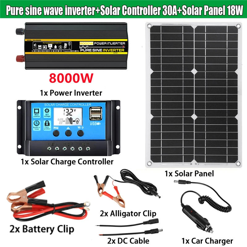 Complete kit for off-grid solar systems: inverter, controller, and cables.