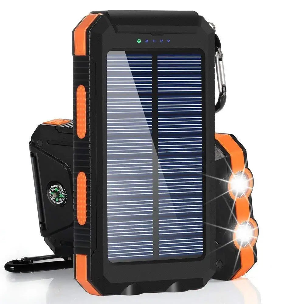 High-capacity solar-powered battery pack with dual USB ports and LED light, perfect for outdoor adventures.