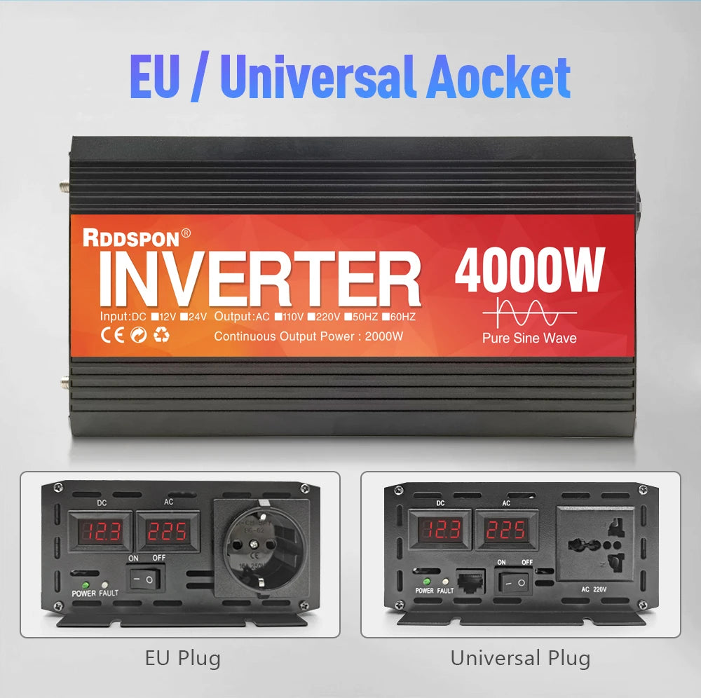 New Pure Sine Wave Inverter, 4000W AC Inverter with DC input, 220V AC output, and pure sine wave technology.