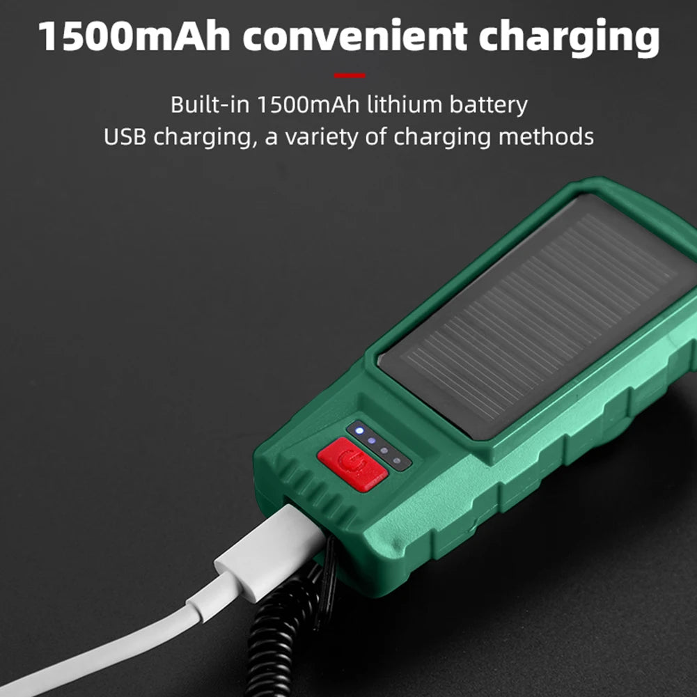 Solar USB Rechargeable Bicycle Headlight, Convenient charging with a built-in 1500mAh lithium battery and multiple USB charging options.