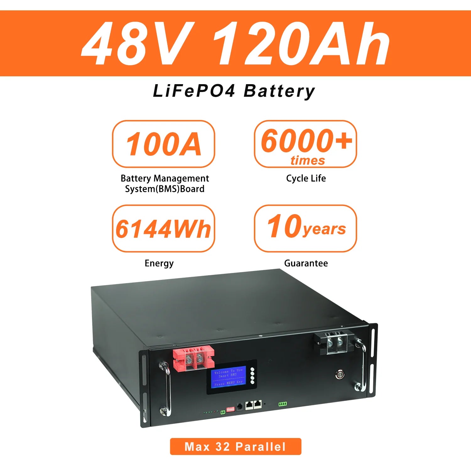 New 48V 120Ah 100Ah 200Ah LiFePo4 Battery, High-capacity LiFePO4 battery pack with built-in BMS, 6,144 Wh energy, and long cycle life.